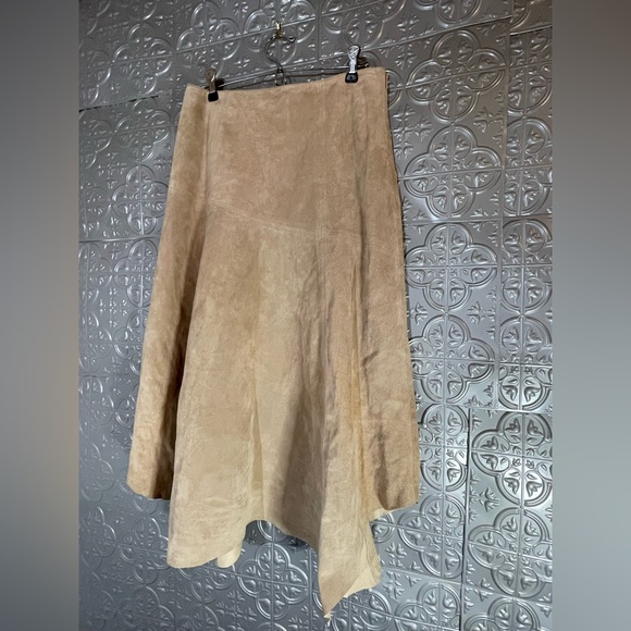 I.e. Tan Leather Suede A-Line Handkerchef Midi Festival Skirt Hippie Bohemian - Picture 2 of 5